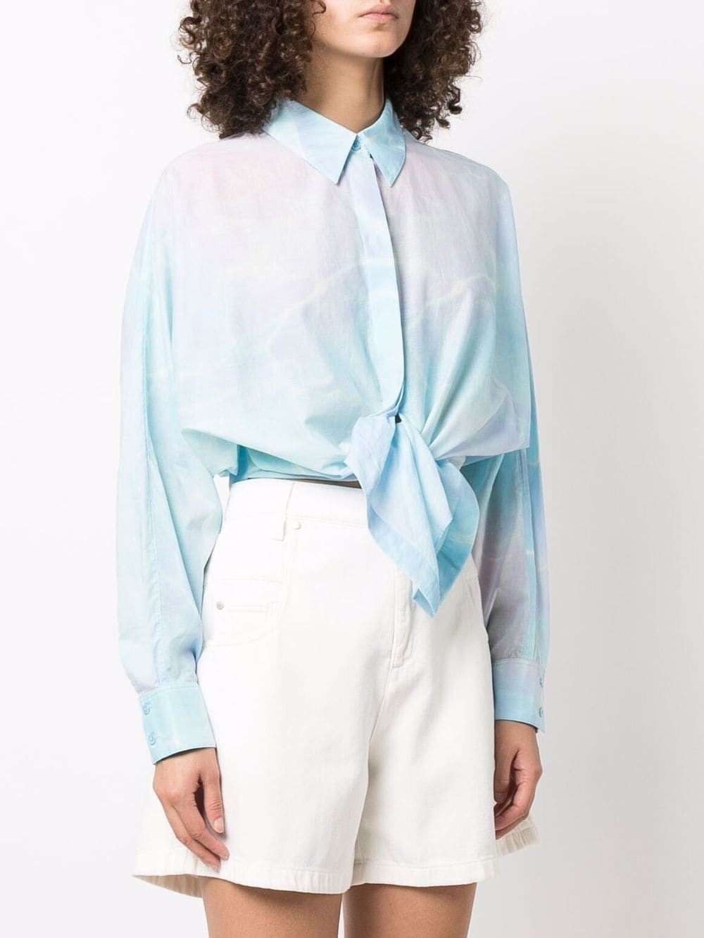 Dorothee Schumacher Tie-Dye Cotton Button Up Blouse Tie-Front Sz 6 Pastel Blue